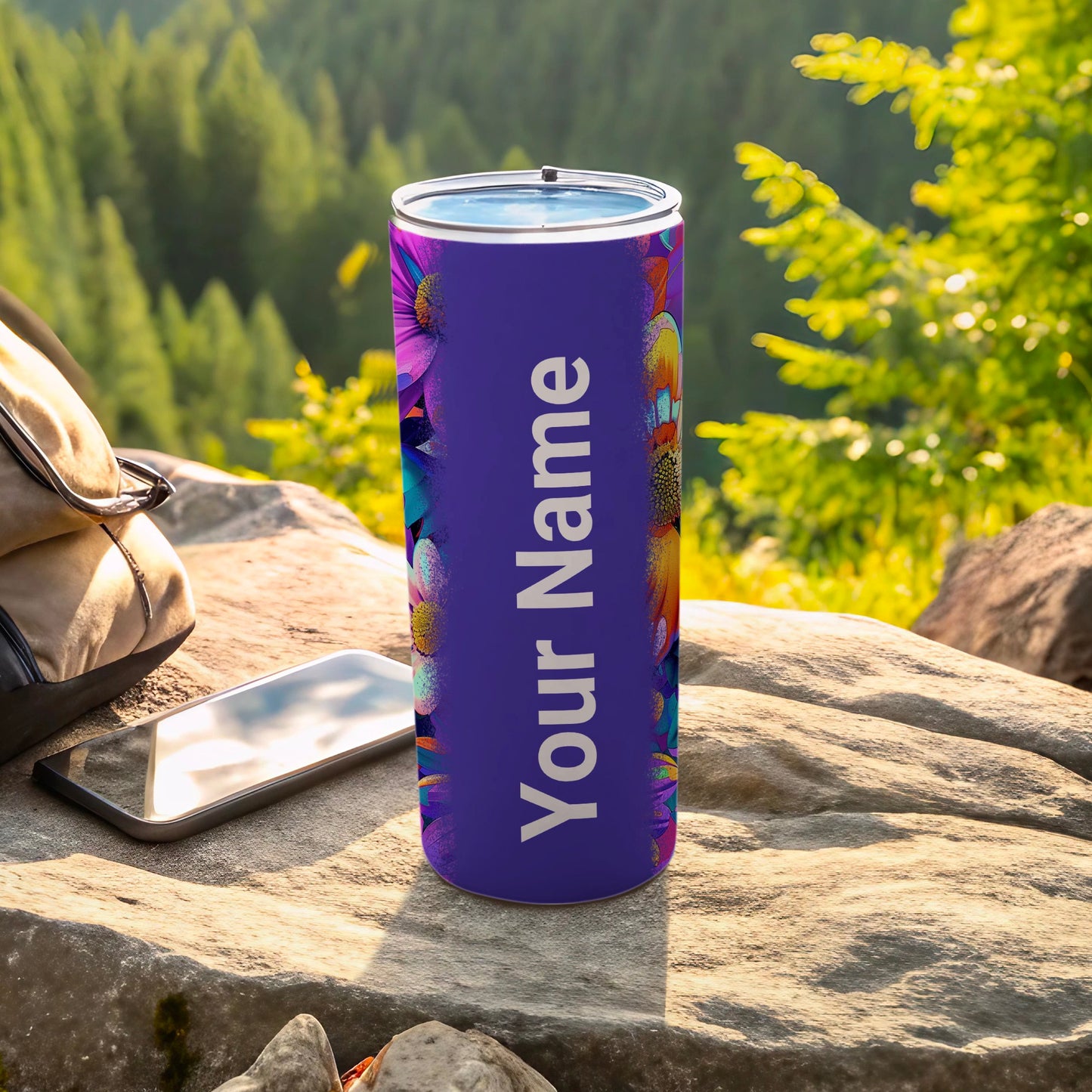 Personalized Purple Tumbler with Floral Design