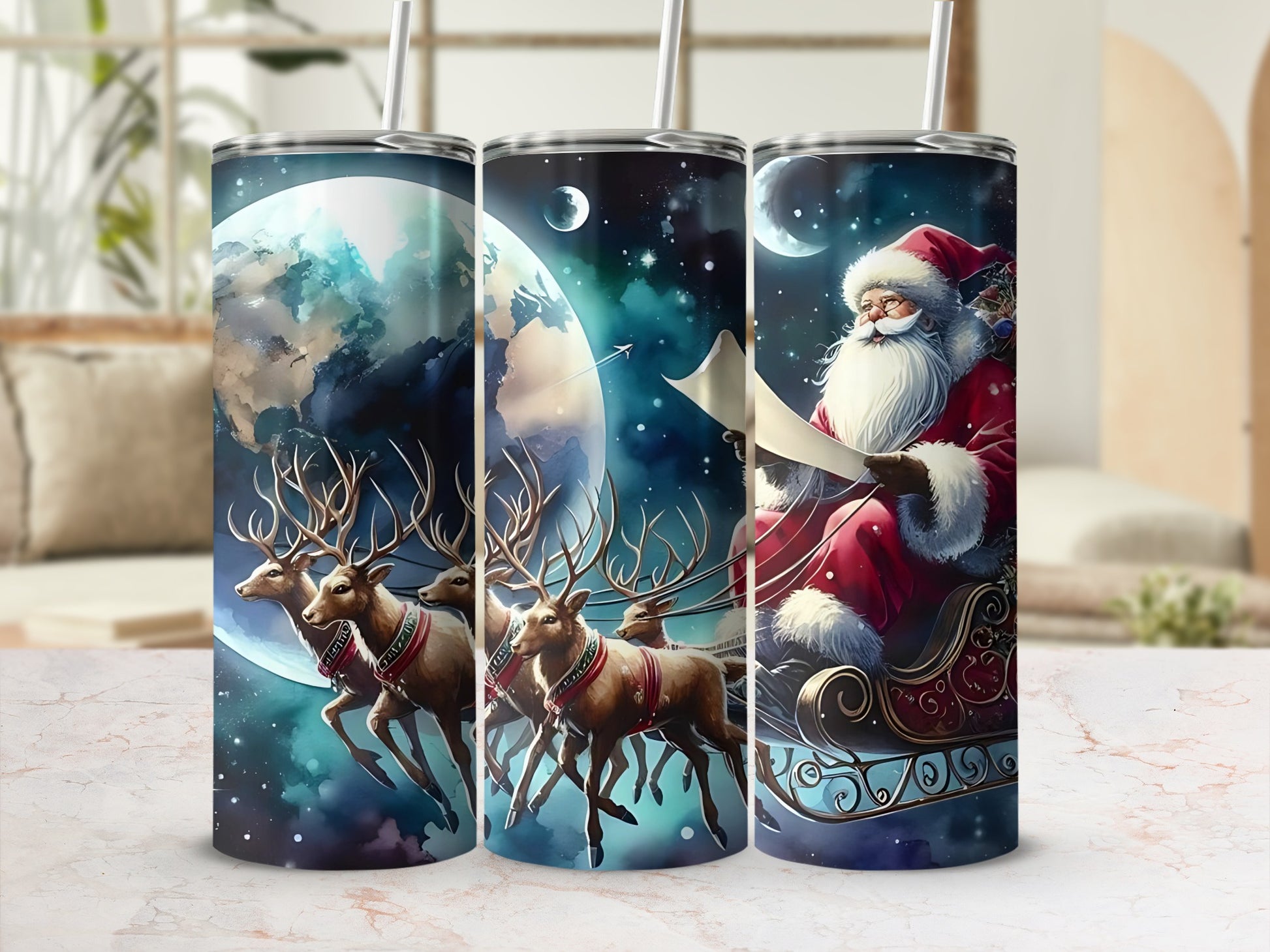 Santa Claus with Reindeer Scene Design Tumbler Cup
