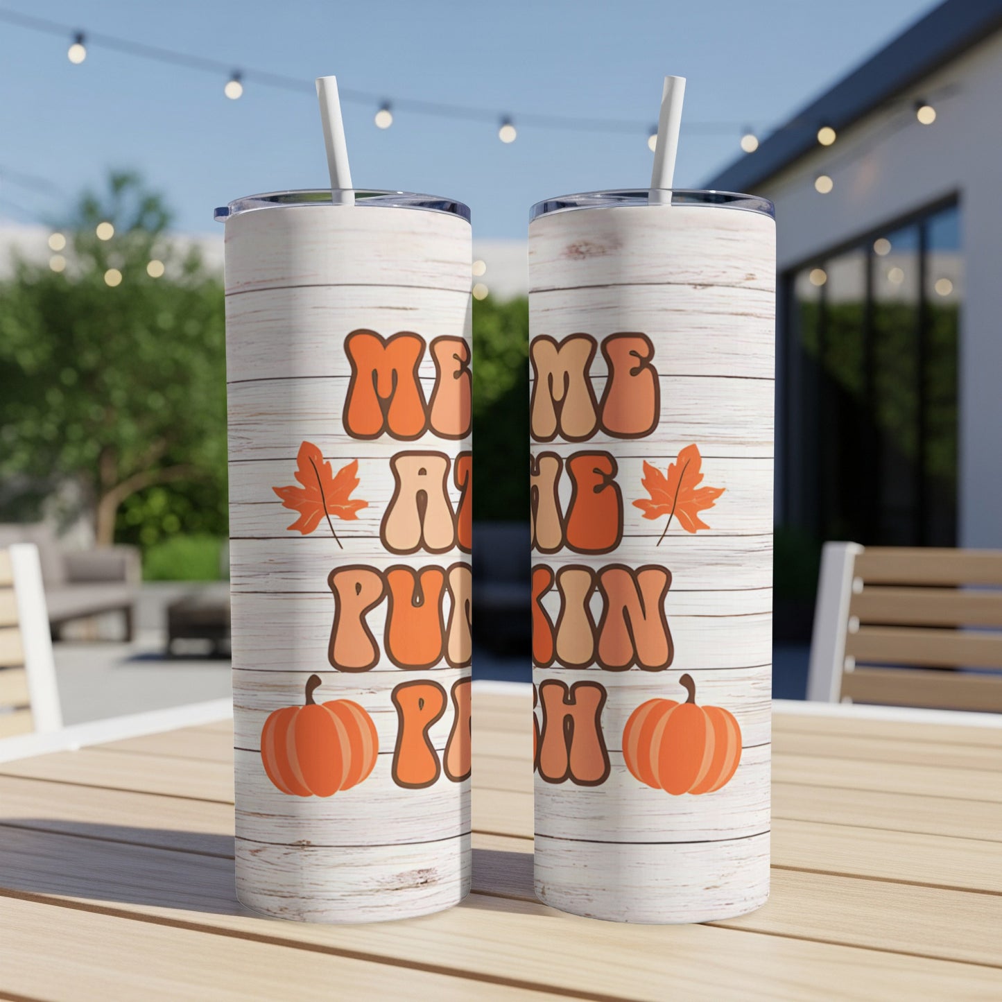 Two tumblers with "Me me pumpkin patch" text and autumn leaves.