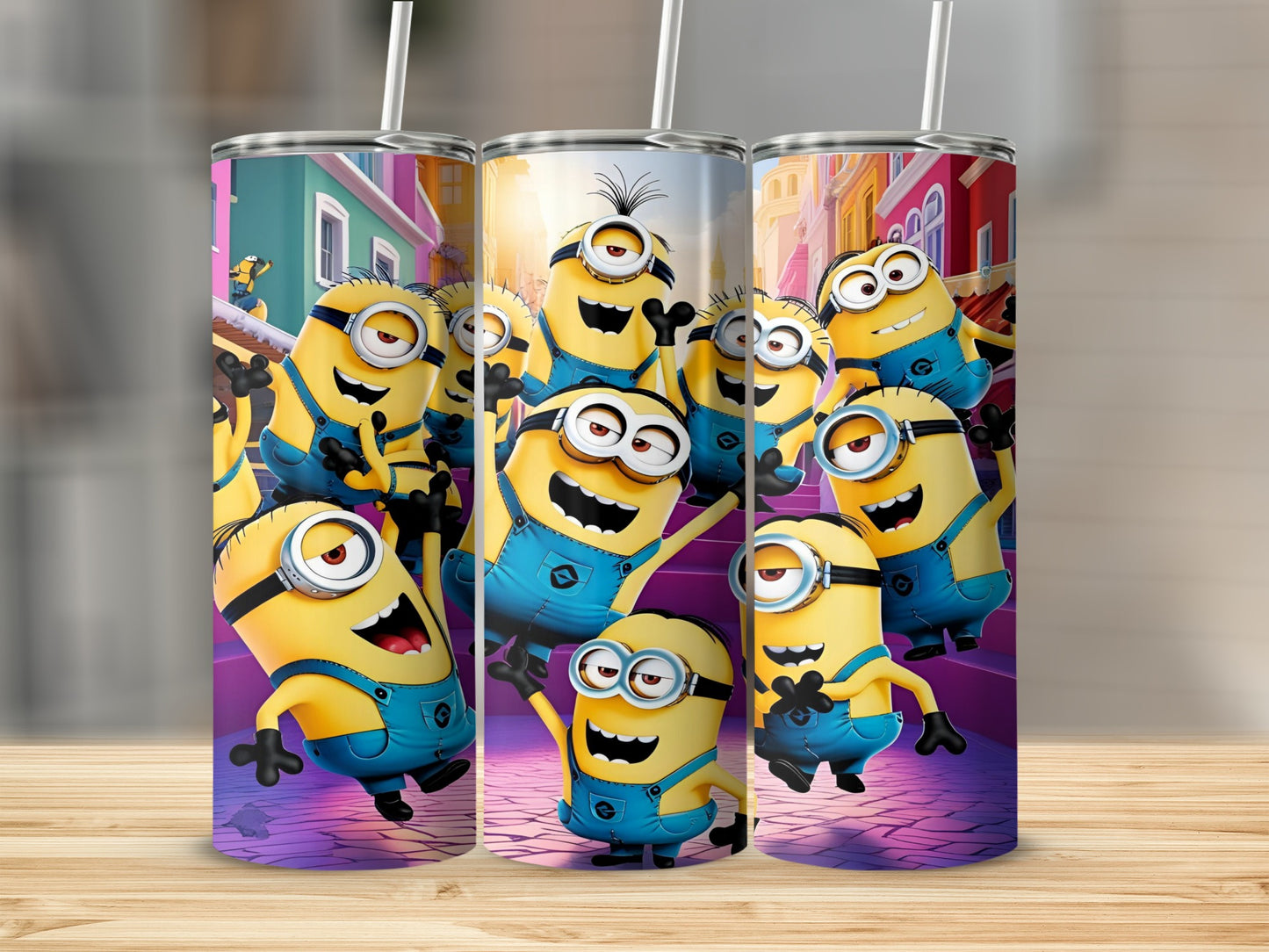 Minions characters on colorful patterned tumblers against a blurred city background.
