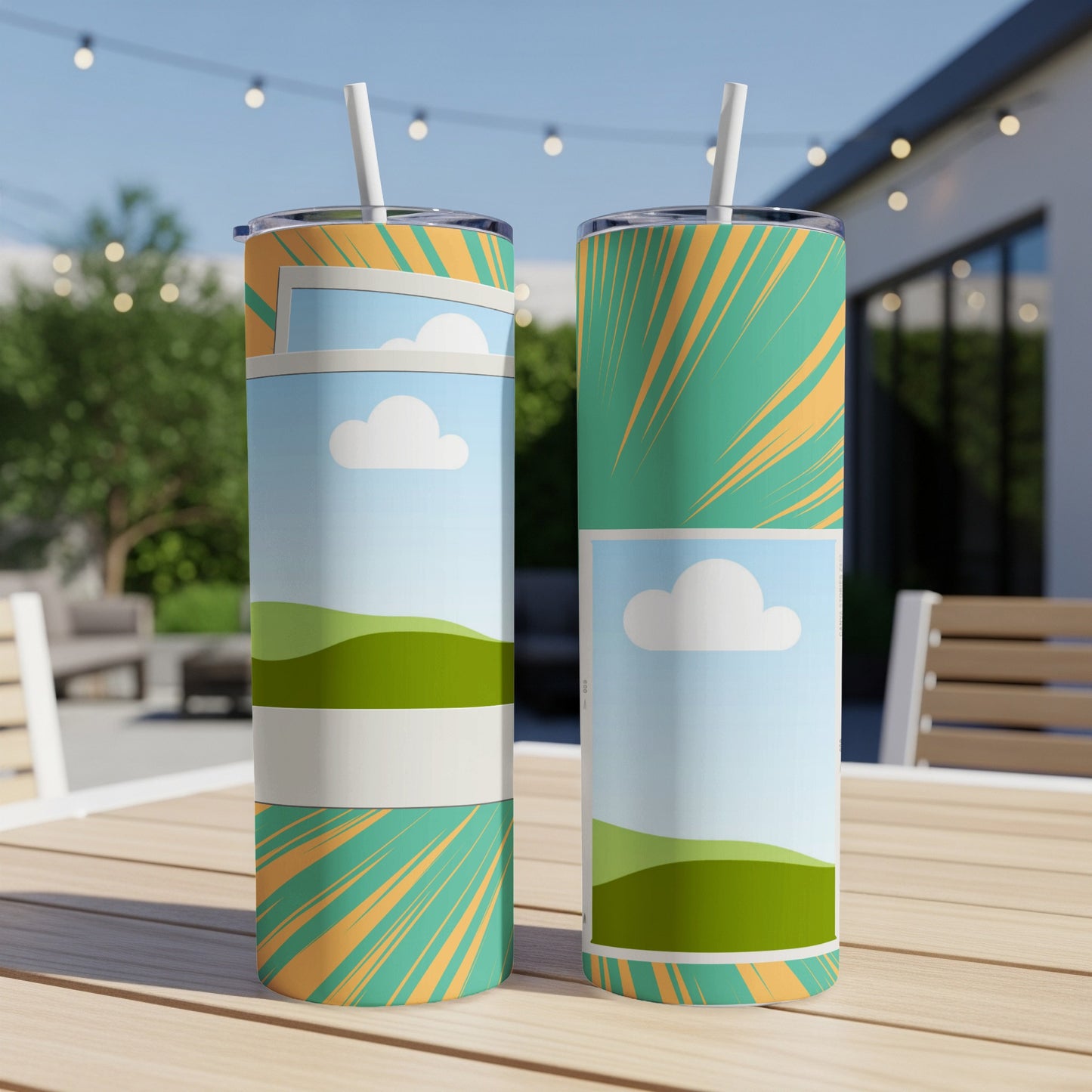 Two tumblers with a graphic design of cartoon clouds and rolling green hills.