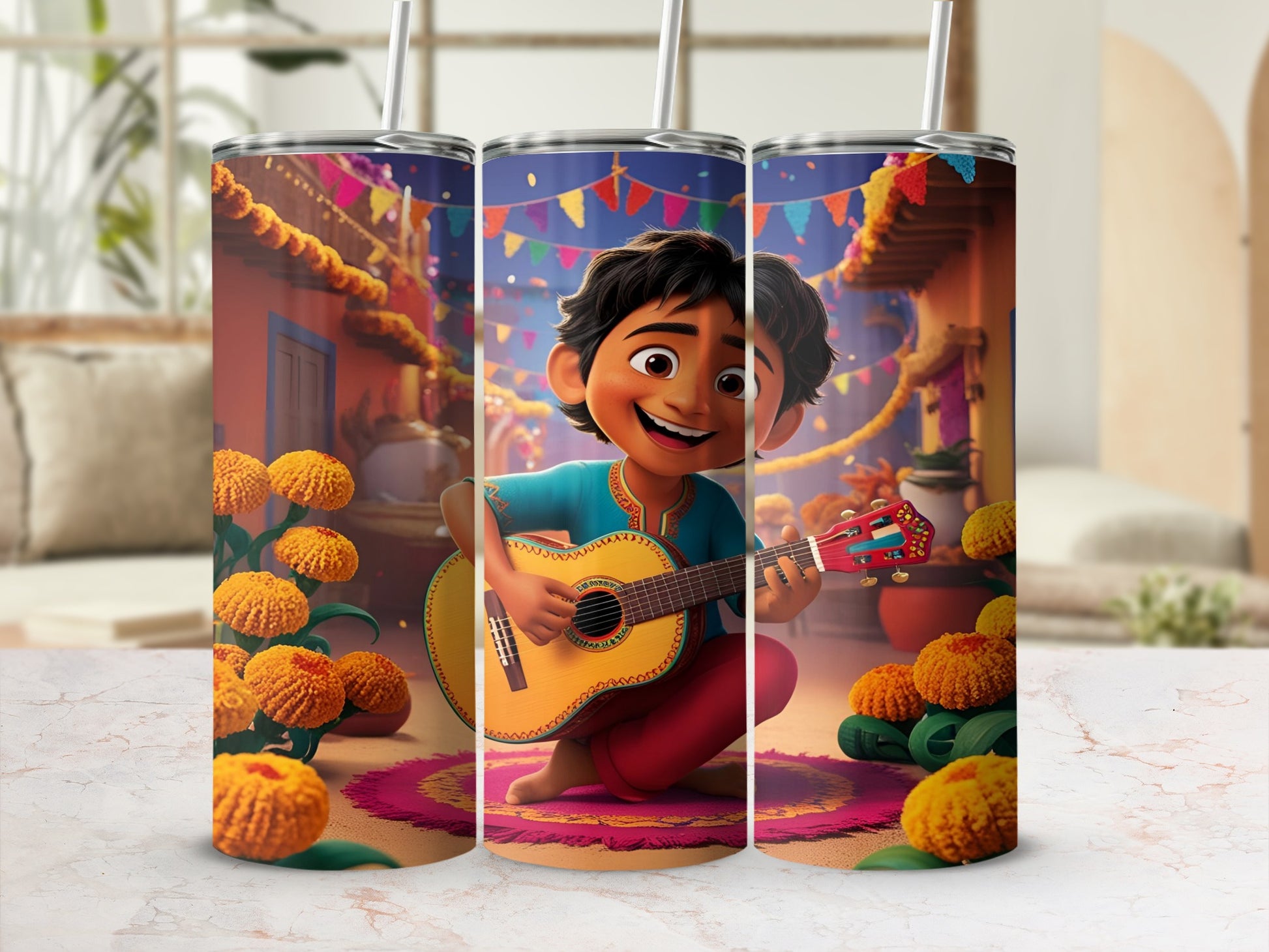 Young boy playing guitar with colorful village background and marigolds.