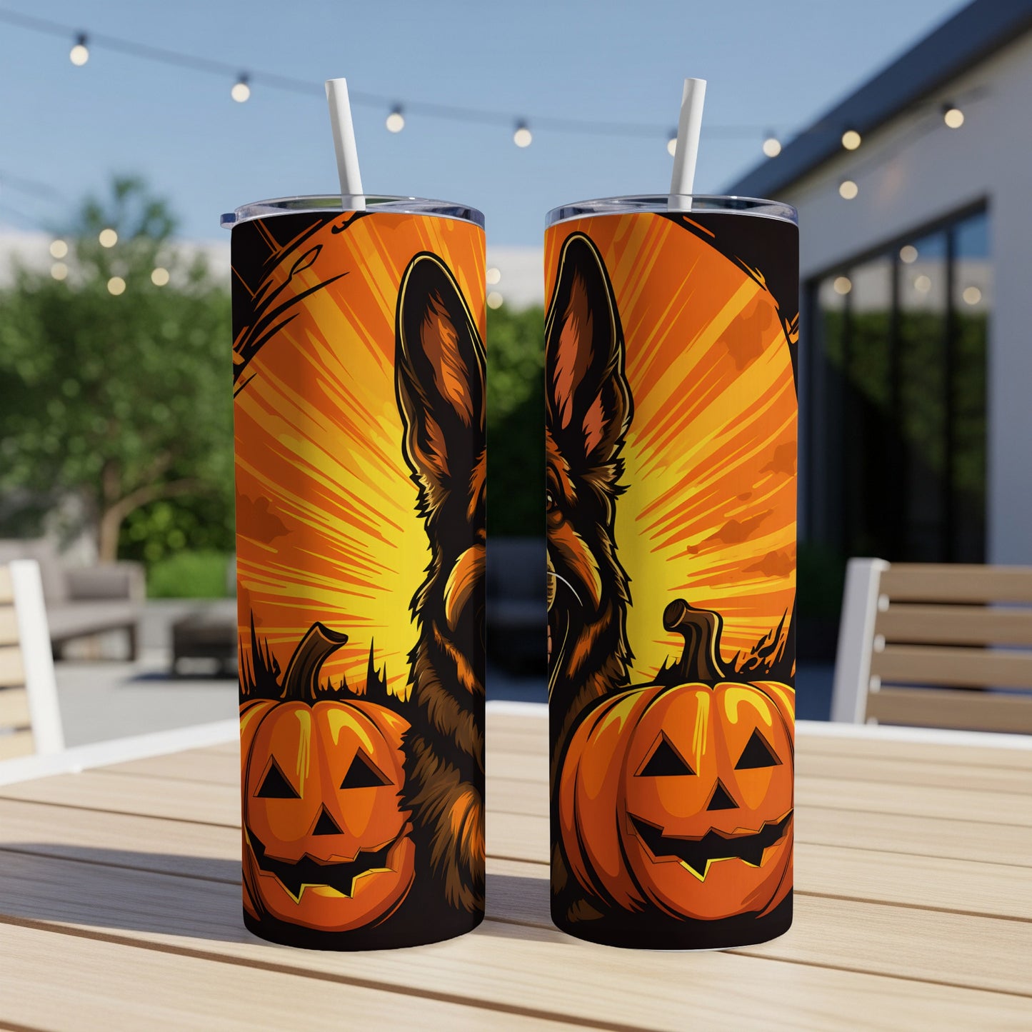 Two tumblers with a Halloween German Shepherd and pumpkin design.