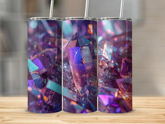 Tumbler with a colorful abstract crystal and glitter pattern.