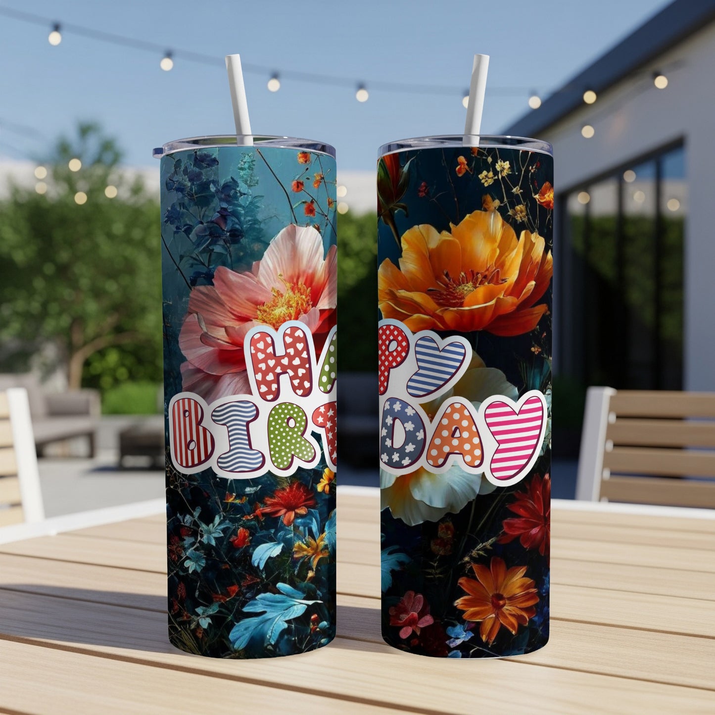 Two tumblers with colorful "Happy Birthday" text and floral patterns.