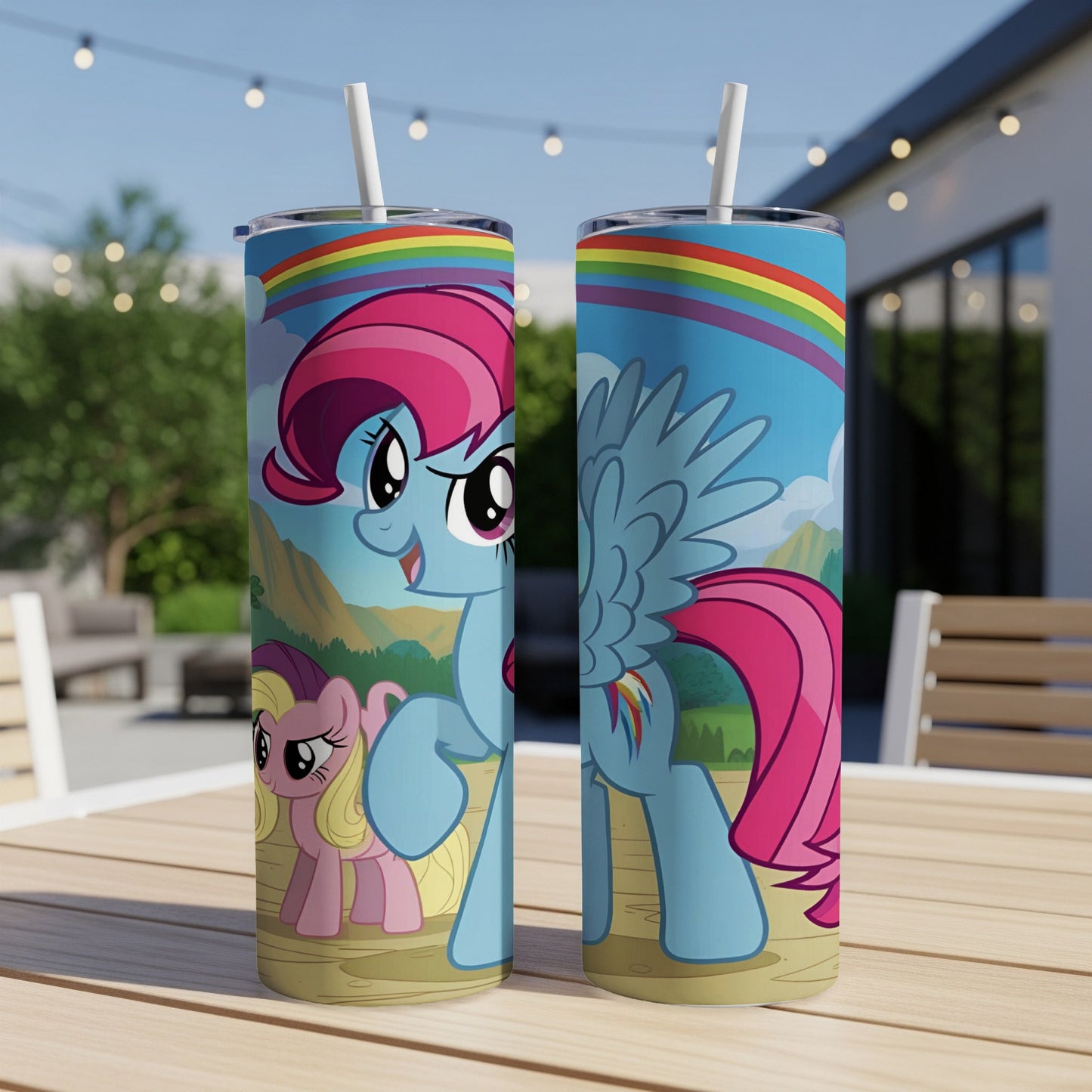 Two blue My Little Pony characters on a blue tumbler with rainbow and clouds.