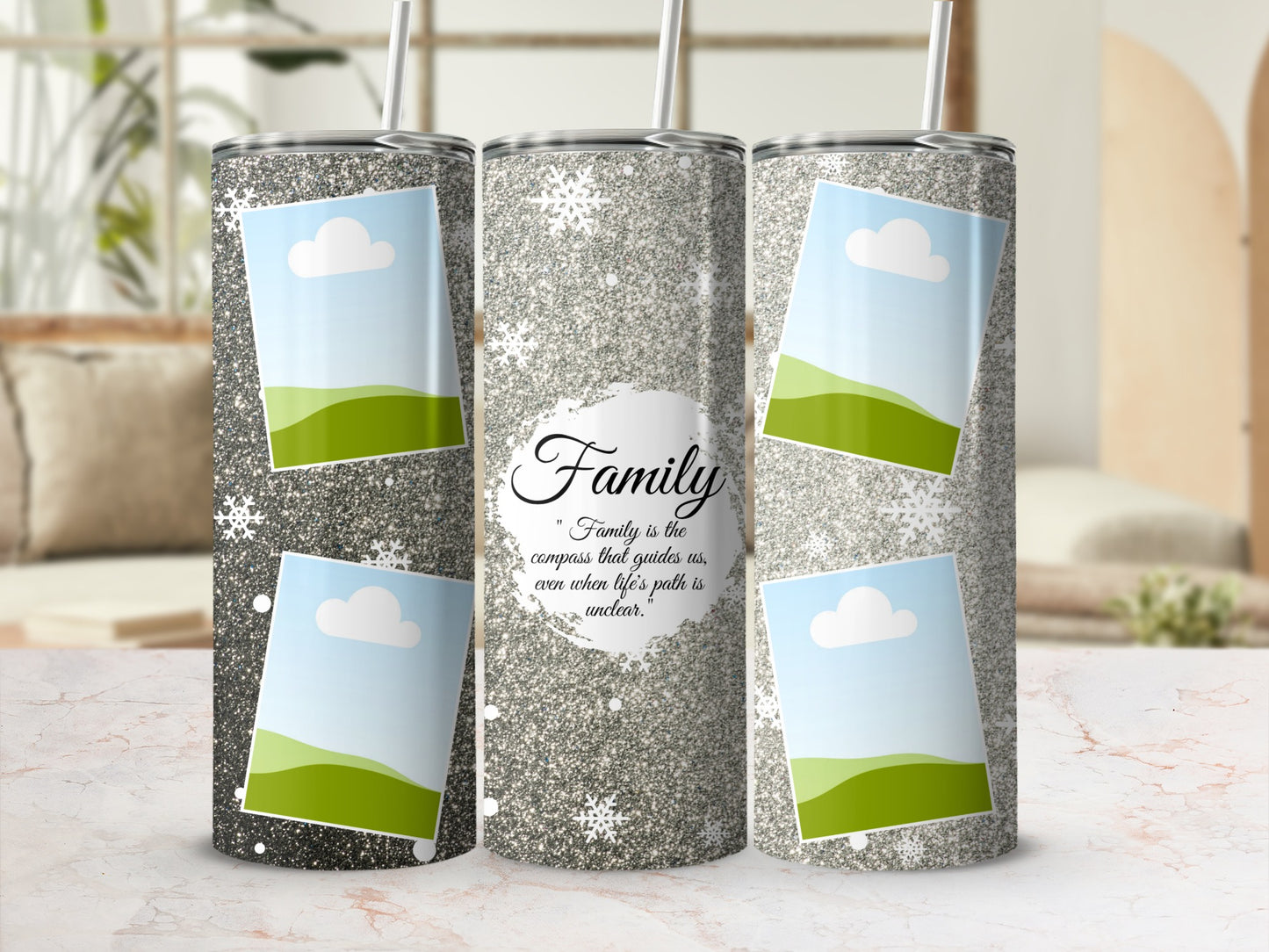 Three glitter tumblers with snowflakes and landscape photo placeholders, one with "Family" quote.
