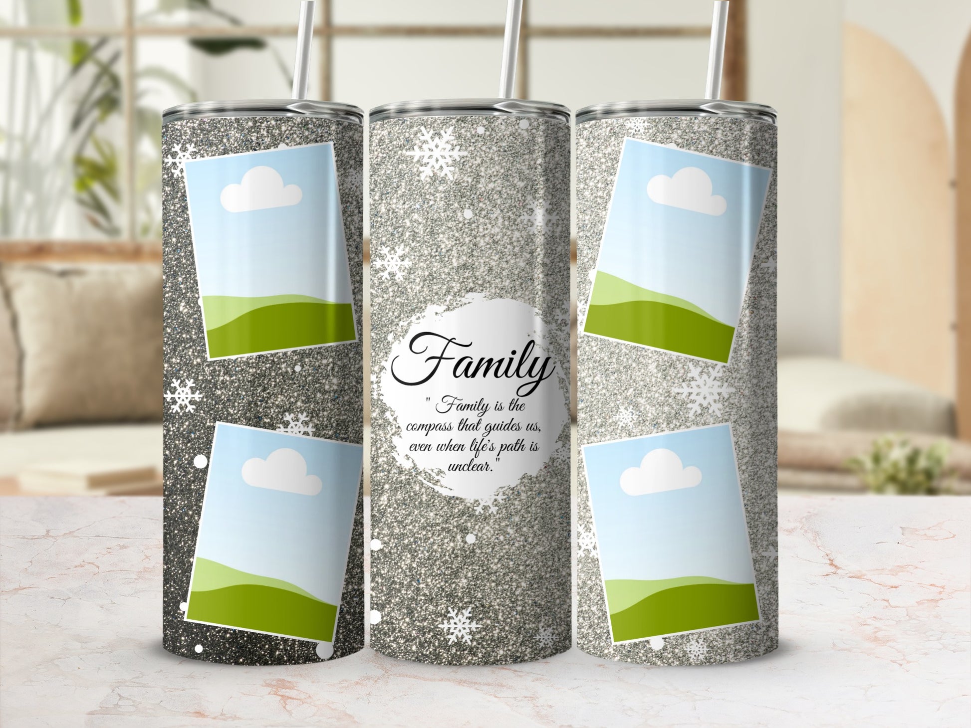 Three glitter tumblers with snowflakes and landscape photo placeholders, one with "Family" quote.