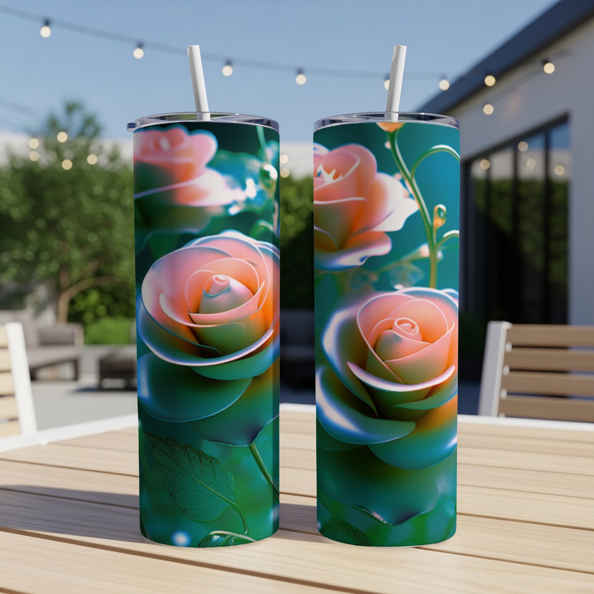 Two tall tumblers with a floral rose design sit on a wooden table.