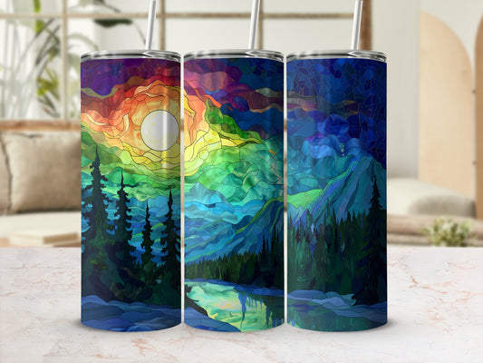 Three tumblers showcasing a vibrant stained-glass landscape scene with mountains and a lake.