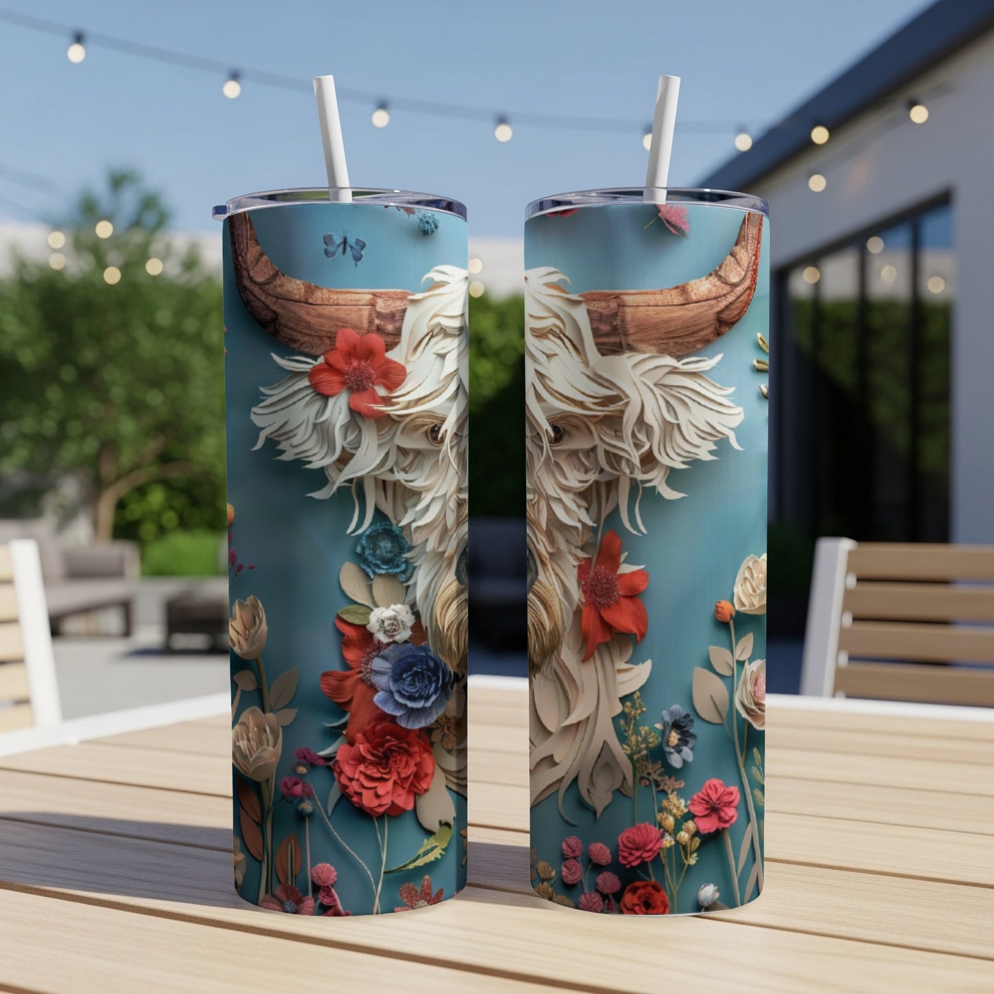 Two tumblers featuring a Highland cow with floral accents on a teal background.