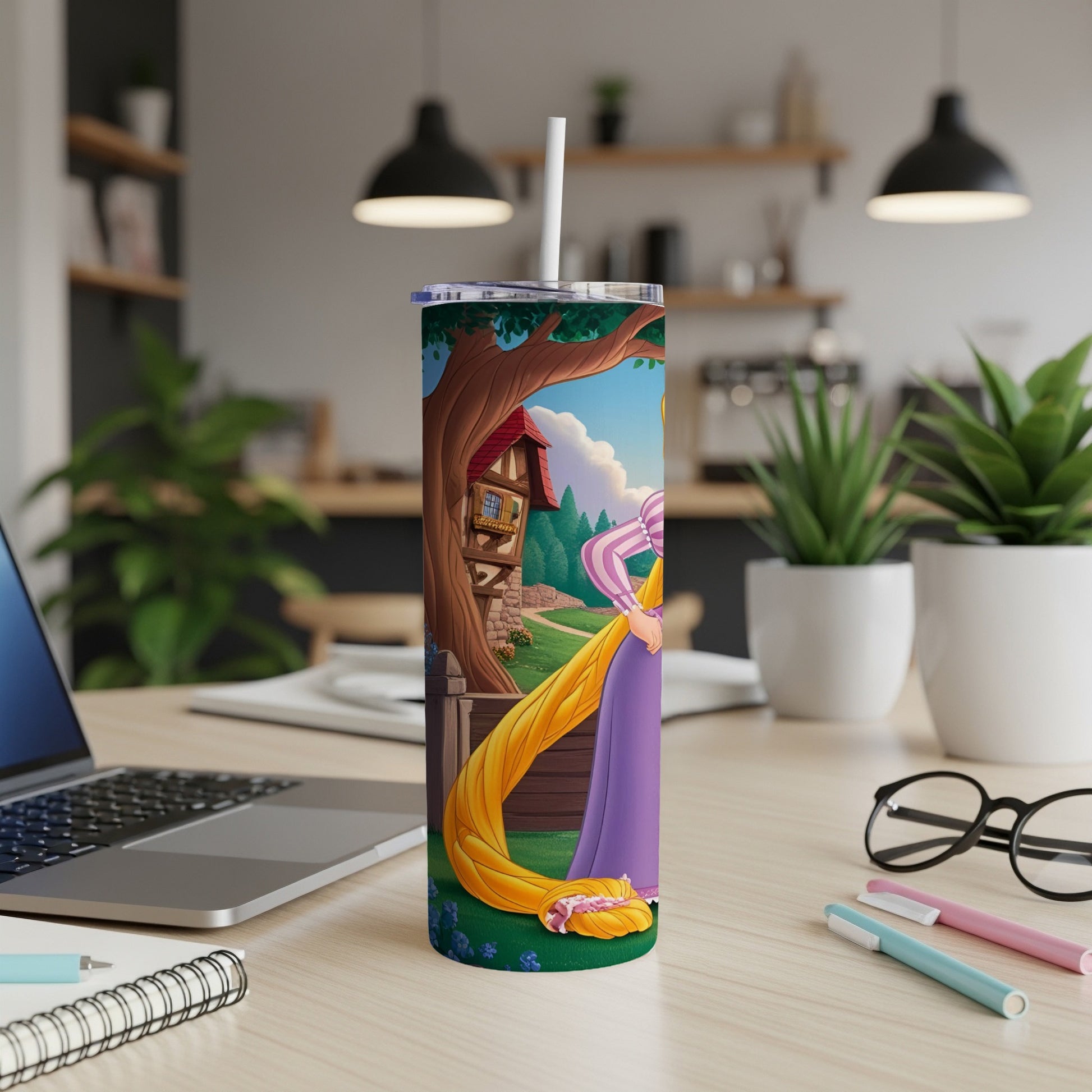 Rapunzel with long blonde hair on a tall tumbler with a brown roofed house and tree.