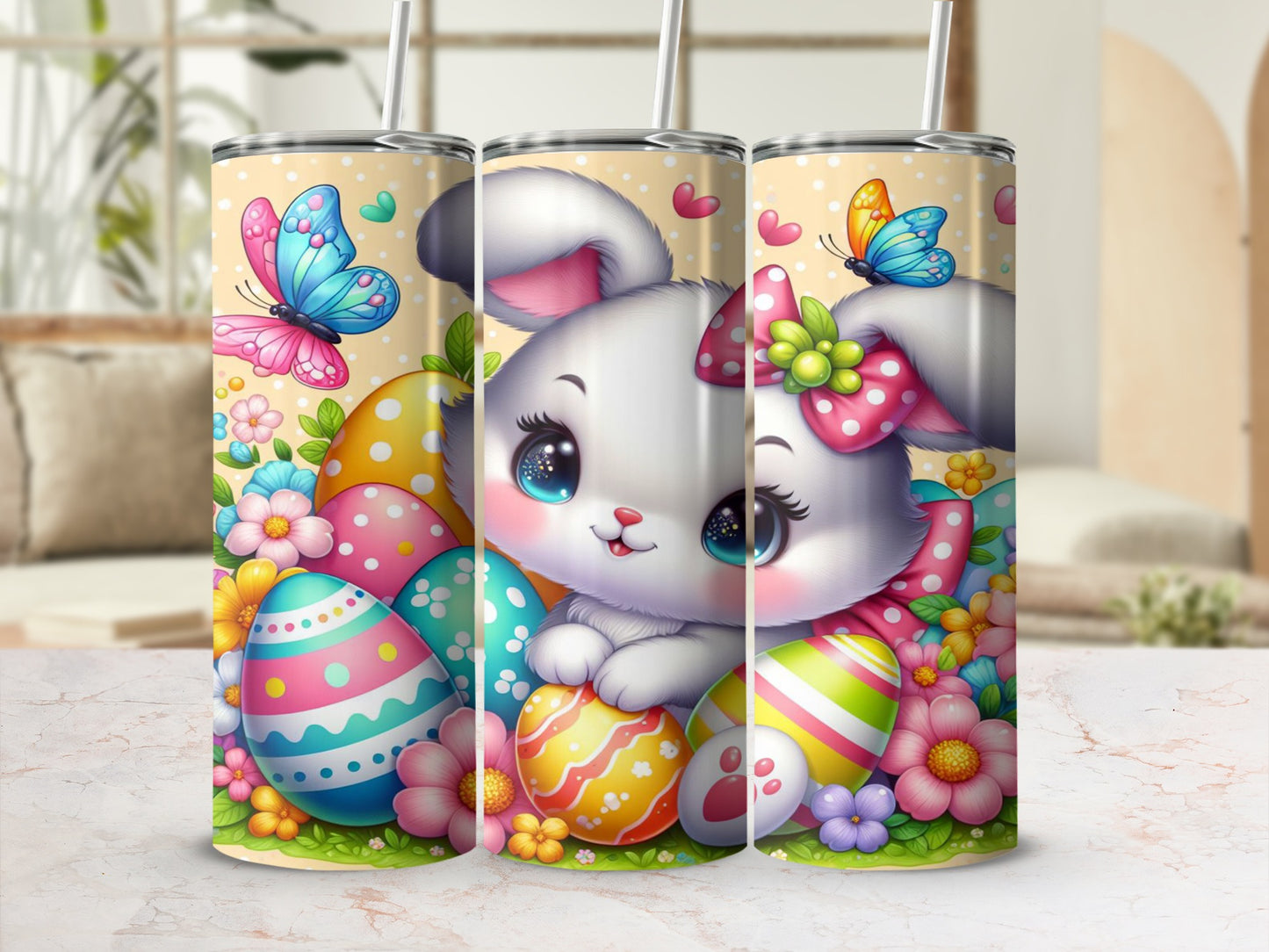 Cartoon bunny with colorful Easter eggs and butterflies on a patterned background.