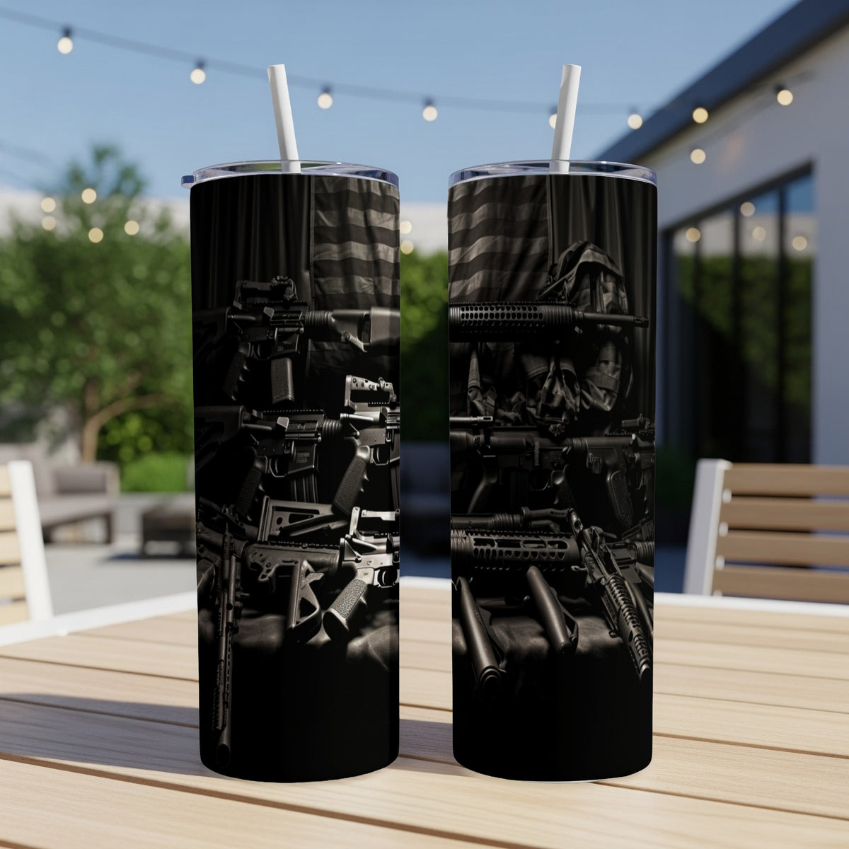 Two tumblers featuring a dark, distressed American flag pattern and rifles.