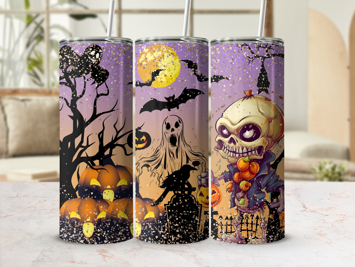 Spooky Halloween Themed Tumbler with Ghost and Skull Design