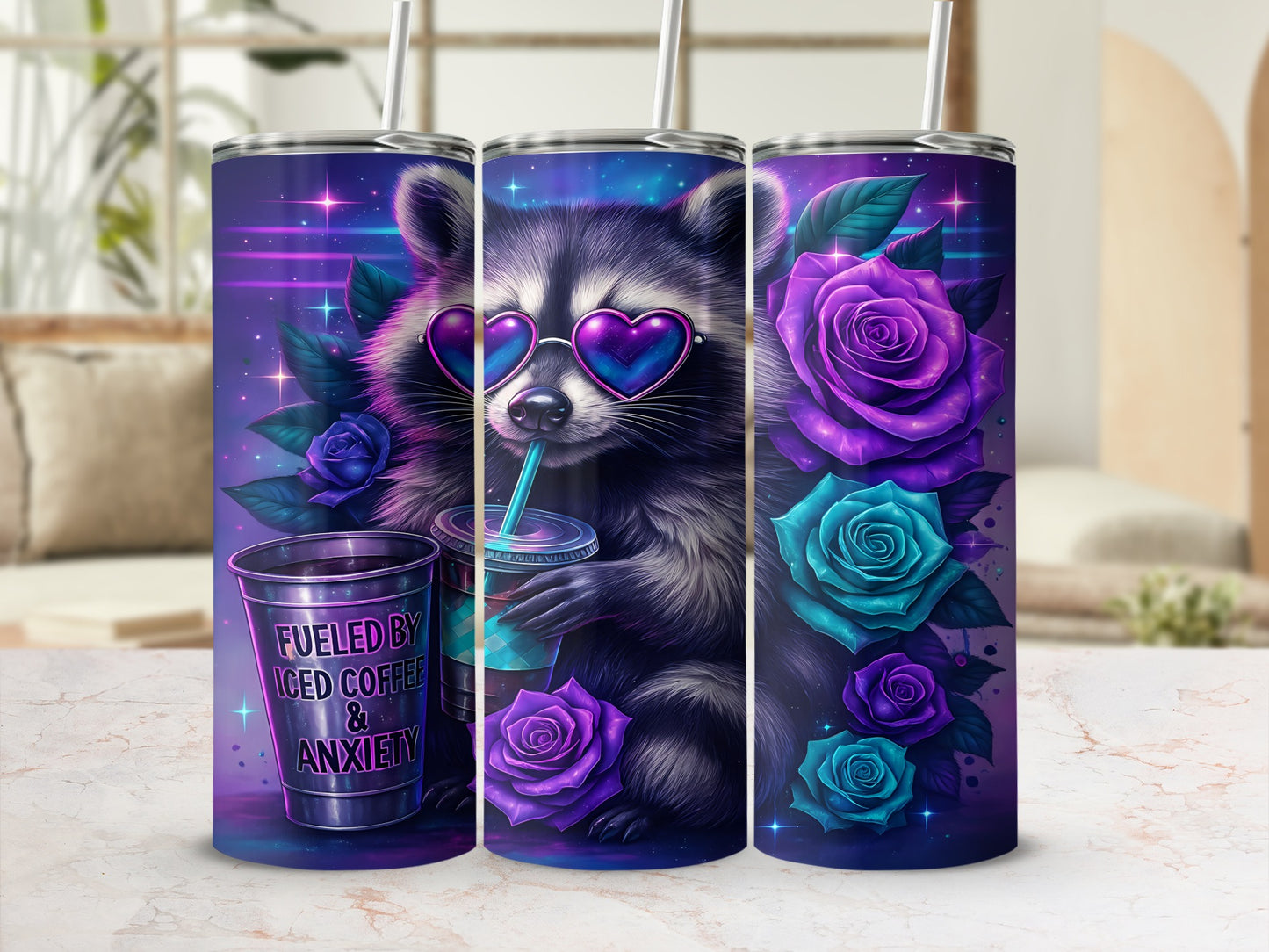 Raccoon in heart sunglasses drinks from iced coffee cup on purple and blue floral background.