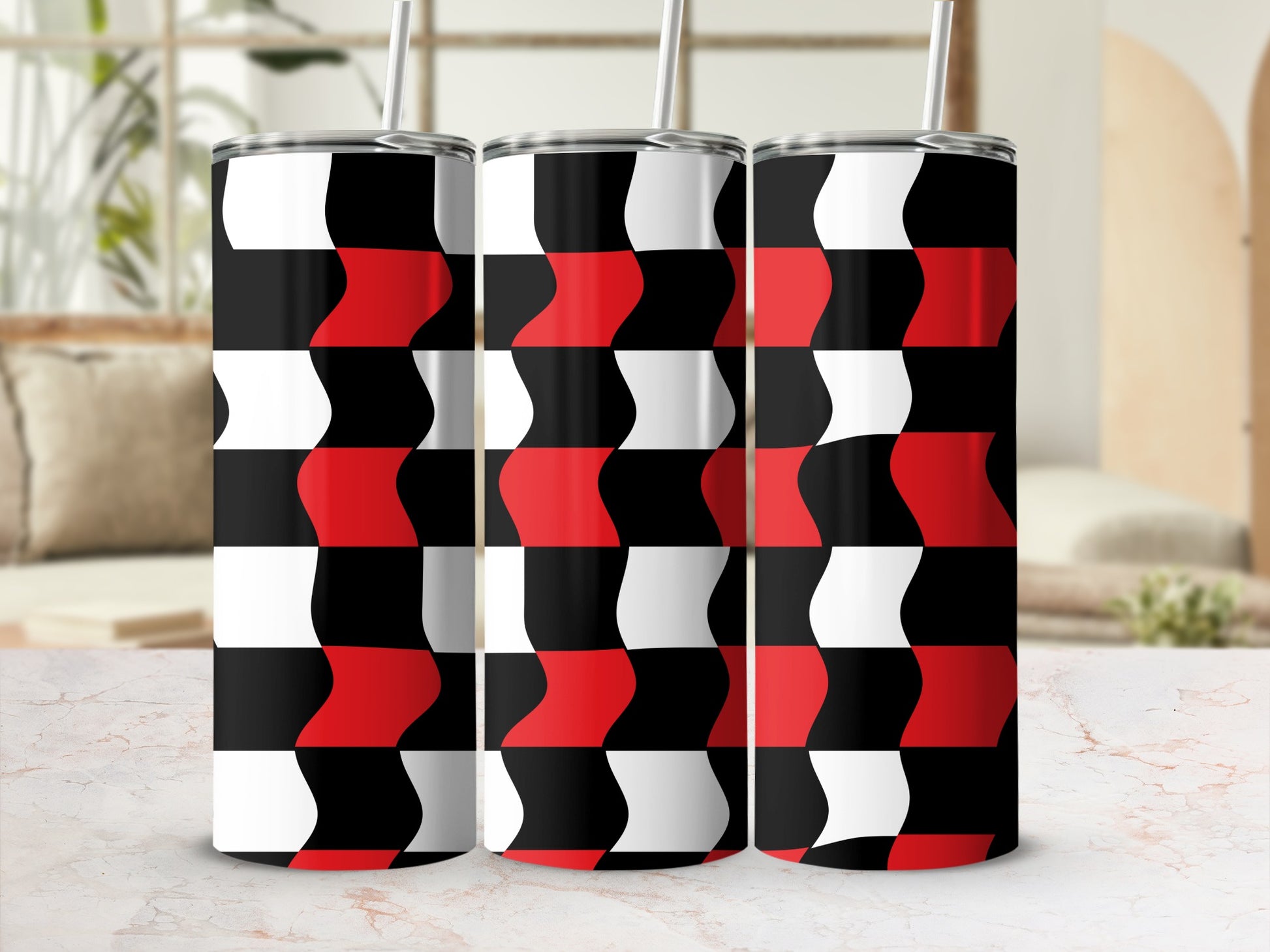 Three tumblers with a black, white, and red checkerboard wave pattern.