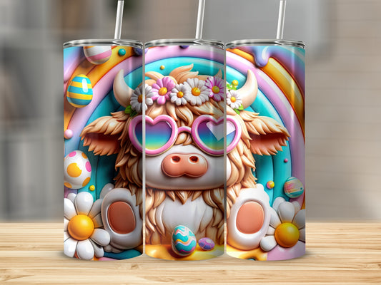 Cute cow with heart sunglasses and a flower crown, holding Easter eggs.