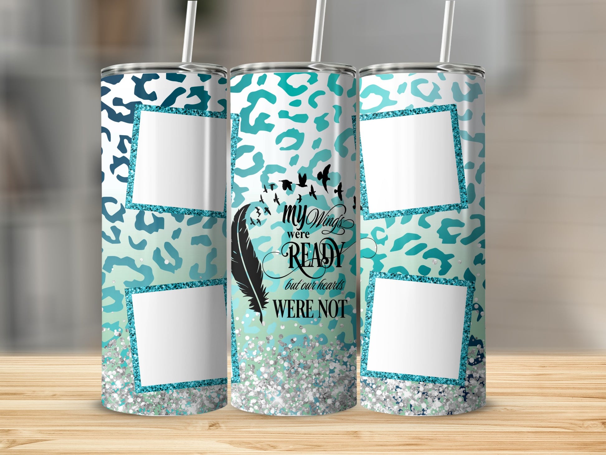 Tumbler with leopard print, feather, and text.
