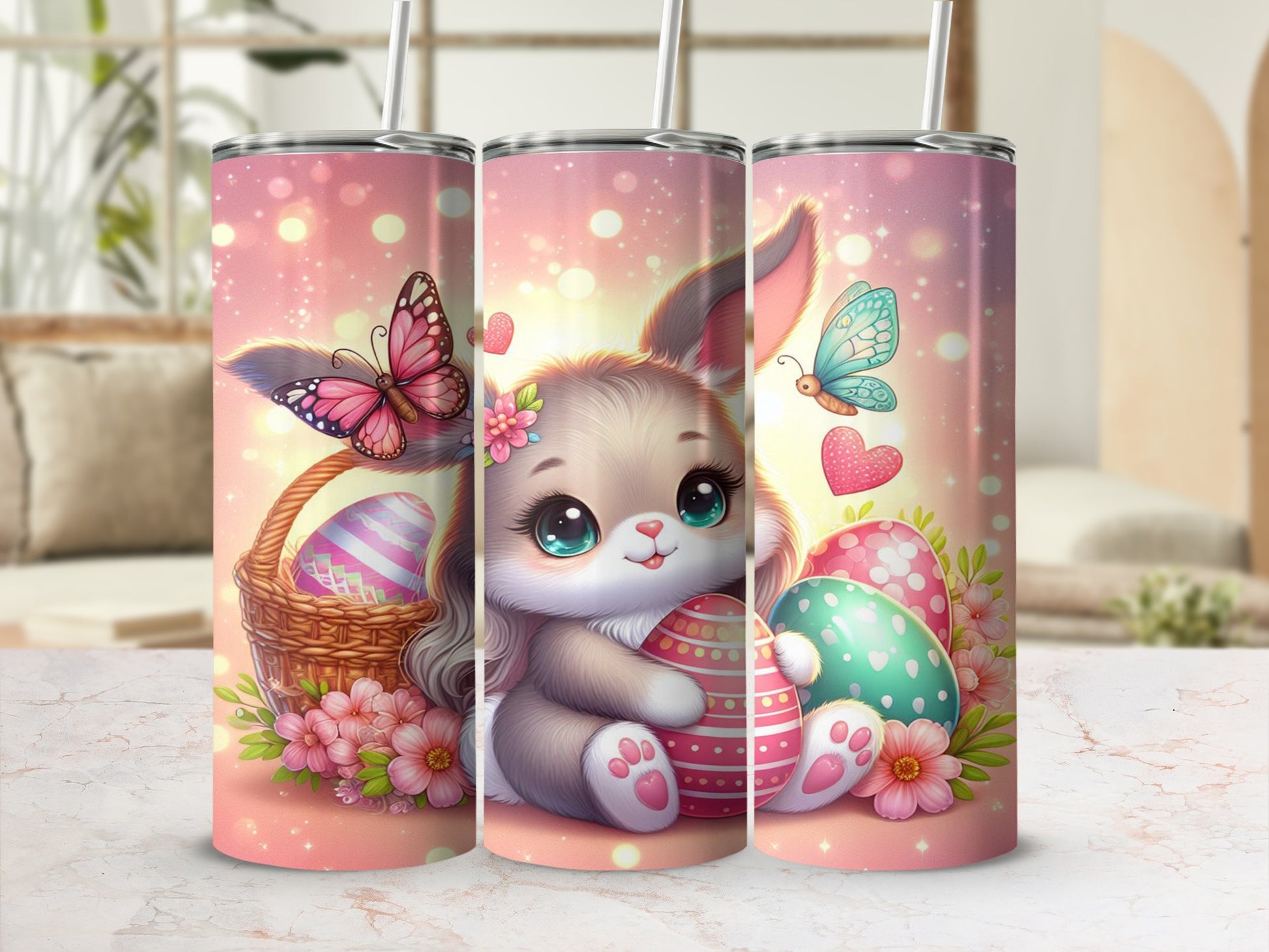 Cute bunny with Easter eggs and butterflies on a pink sparkly background.