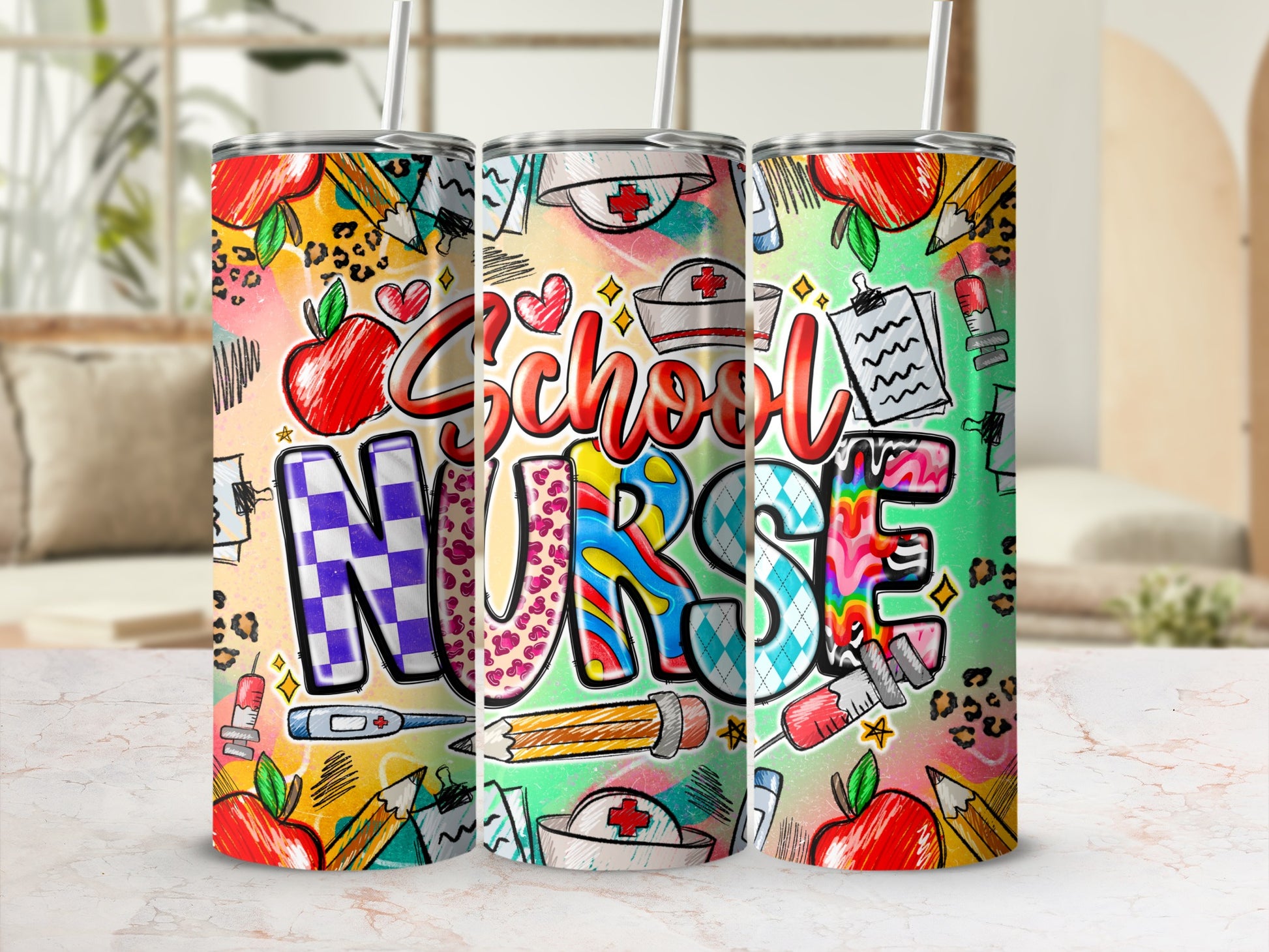 "School Nurse" text graphic with apples, pencils, and medical symbols on tumblers.