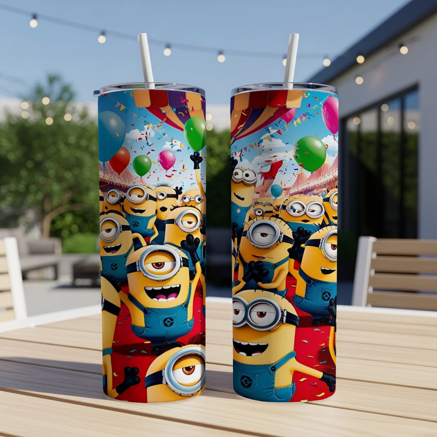 Two Minions-themed tumblers with balloons and carnival background.