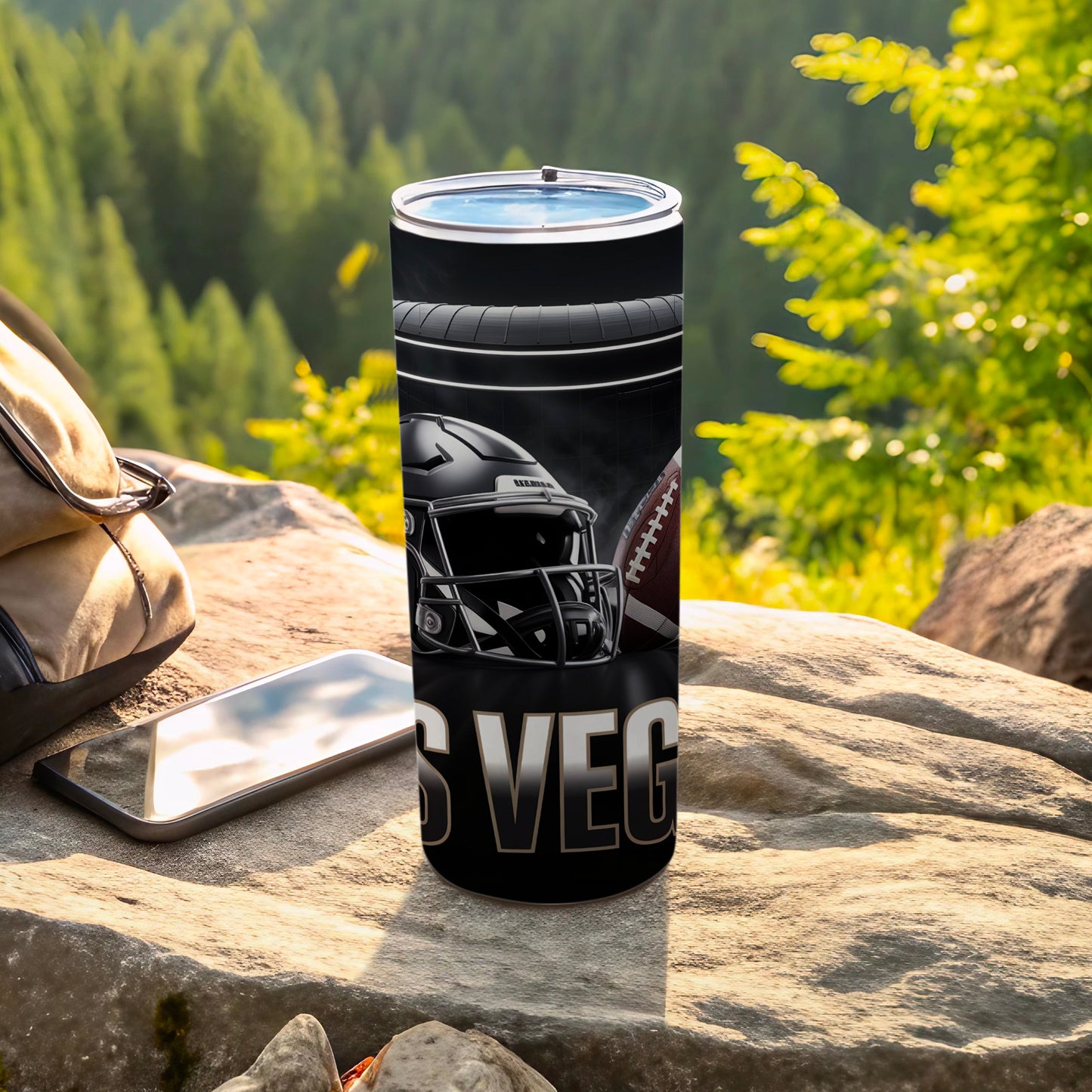 Black tumbler with football helmet and text "VEGAS".
