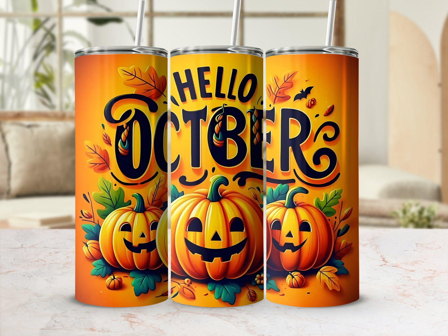 Three tumblers with "Hello October" text and jack-o'-lanterns.