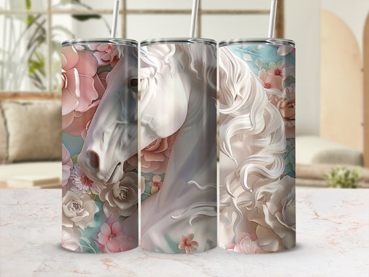 Three tumblers with white horses and floral patterns.