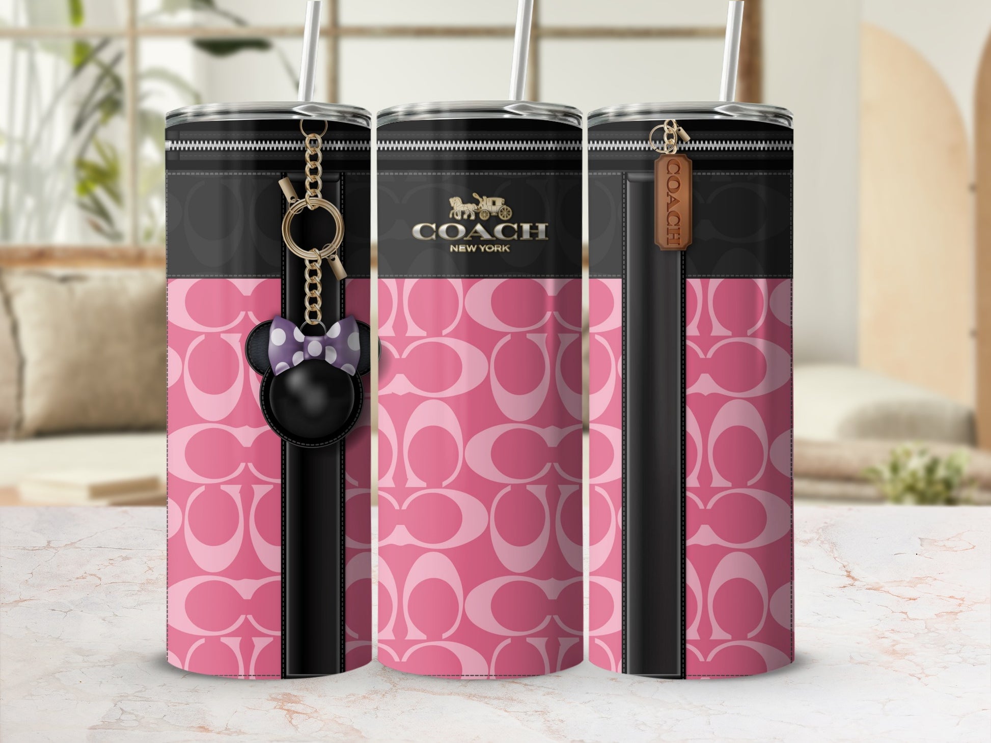 Pink and Black Coach New York Tumbler with Straw
