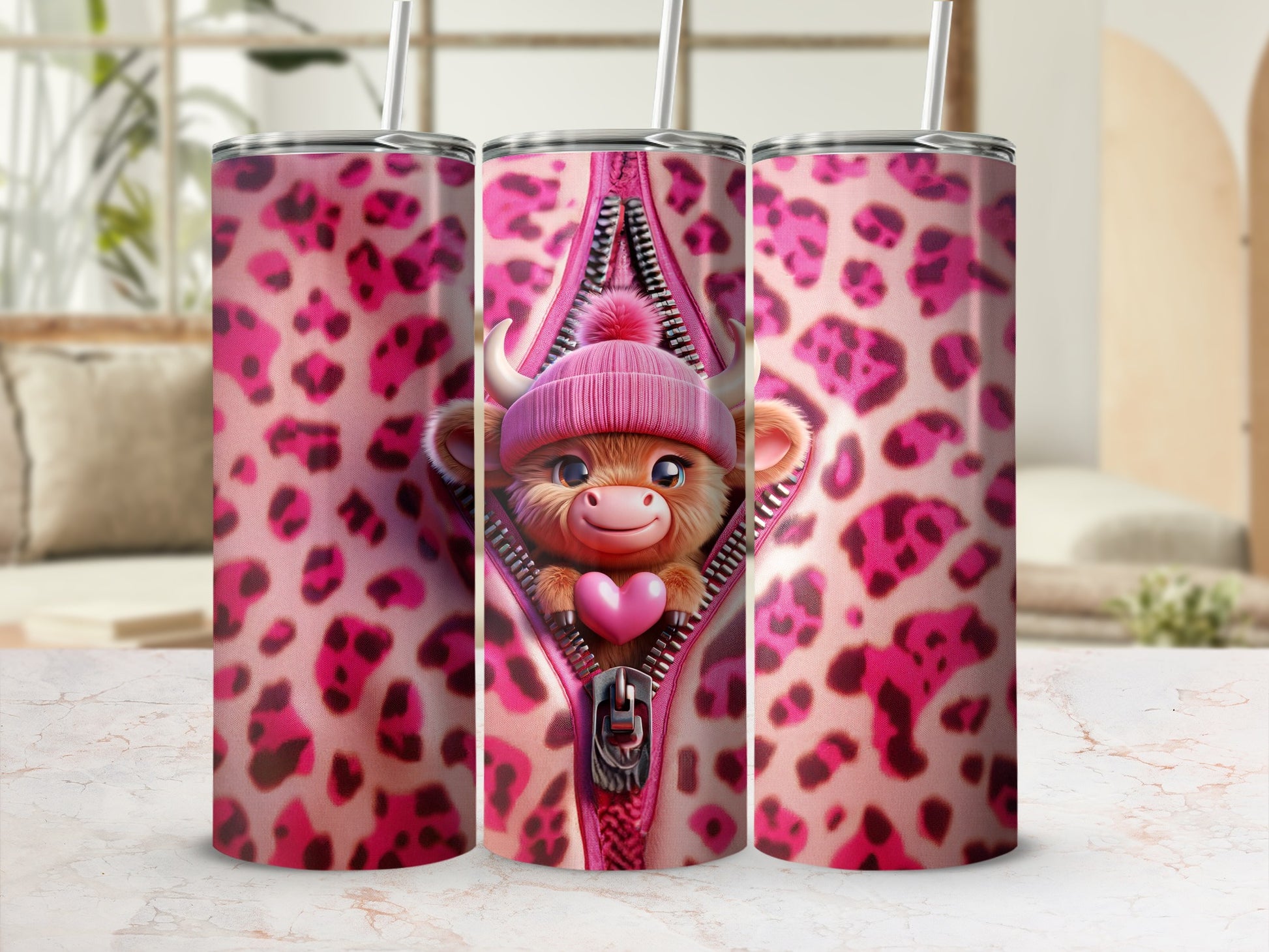 Pink leopard print tumbler with a cute cow character peeking from a zipper.