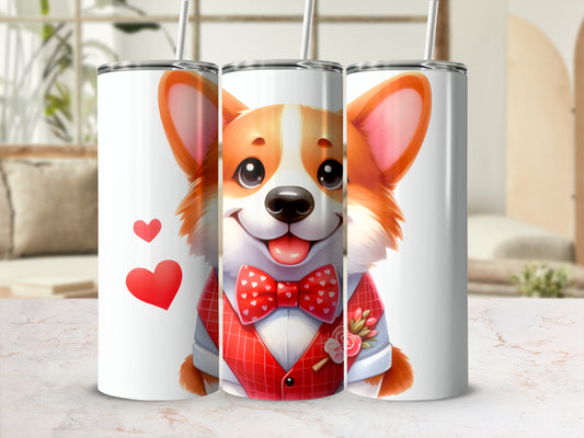Smiling corgi wearing a vest and bowtie on a tumbler.