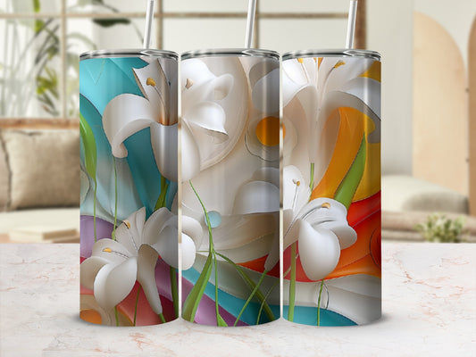 Three tumblers with white lilies and colorful abstract background.