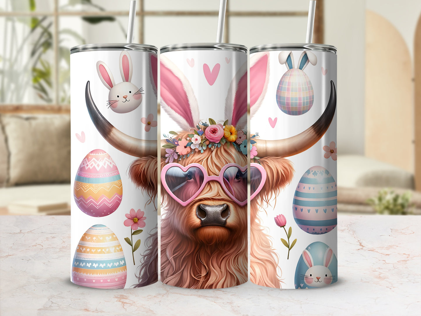 Easter highland cow with bunny ears and heart sunglasses, surrounded by eggs.