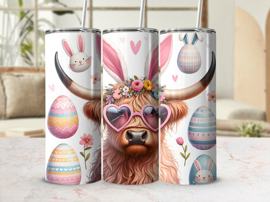 Easter highland cow with bunny ears and heart sunglasses, surrounded by eggs.