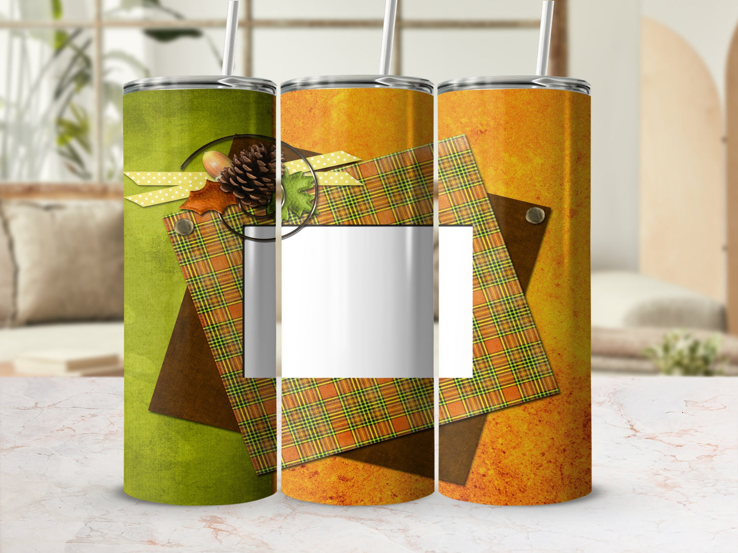 Three tumblers featuring autumn leaves and plaid designs, with a blank square for personalization.