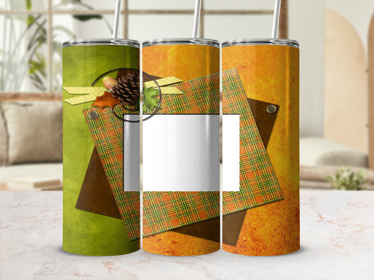 Three tumblers featuring autumn leaves and plaid designs, with a blank square for personalization.