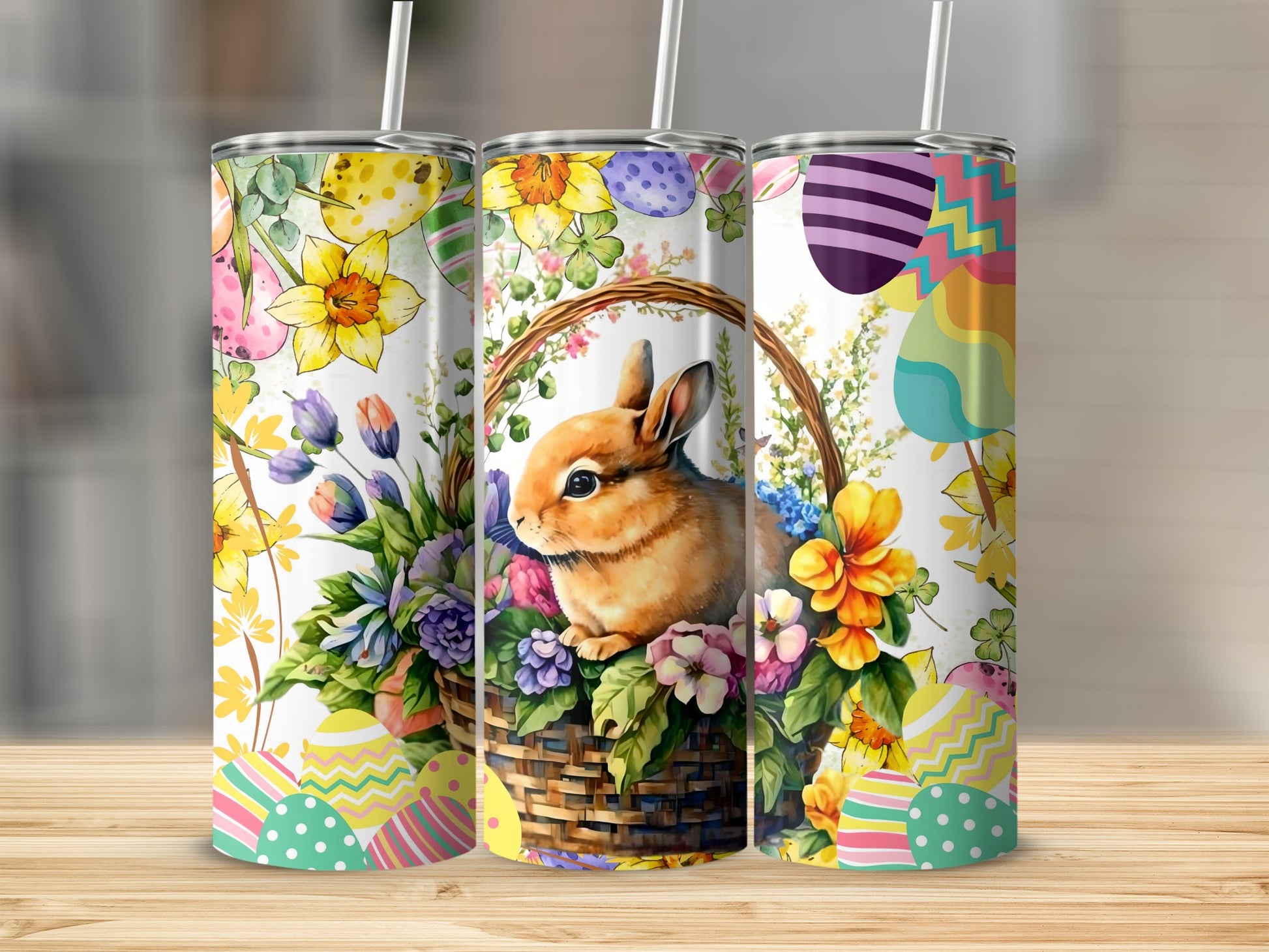 Colorful Easter Bunny and Flowers Tumbler Cup Design