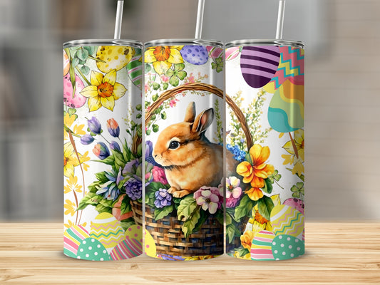 Colorful Easter Bunny and Flowers Tumbler Cup Design