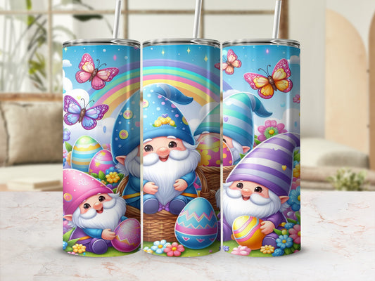 Three gnomes with Easter eggs and butterflies on a colorful background.