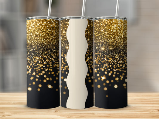 Gold glitter and bokeh on black tumbler with cream wavy stripe.