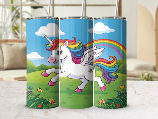 Trio of tumblers featuring a unicorn with rainbow mane and tail.