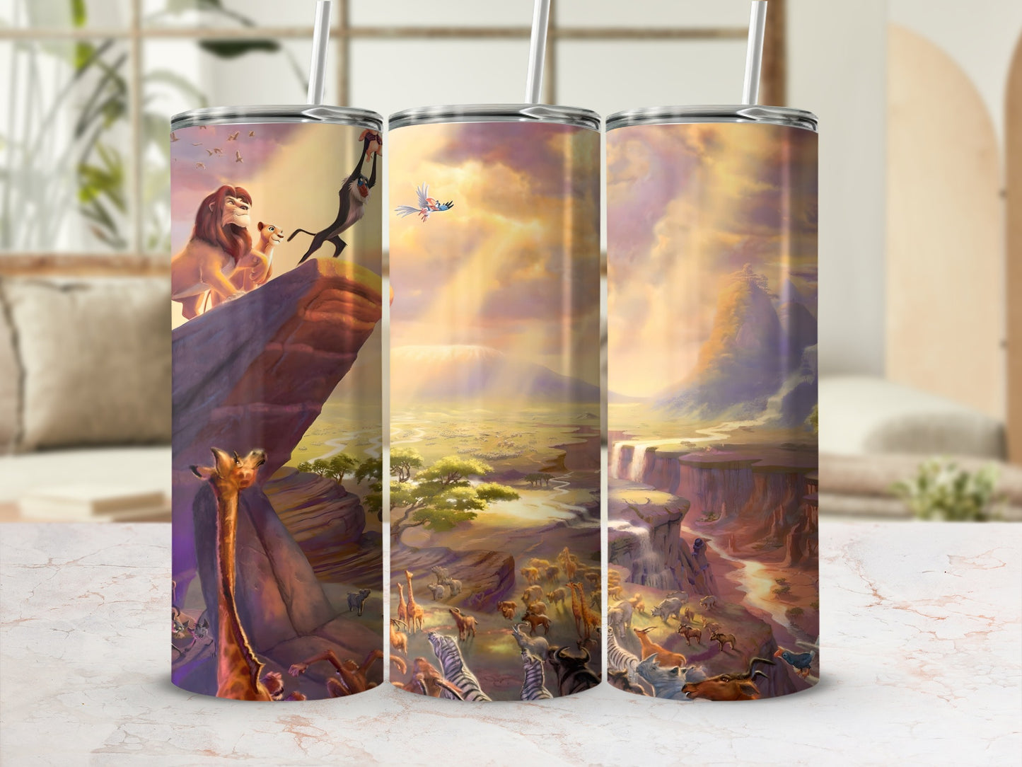 Majestic Lion King Scene Tumbler Cup with Straw