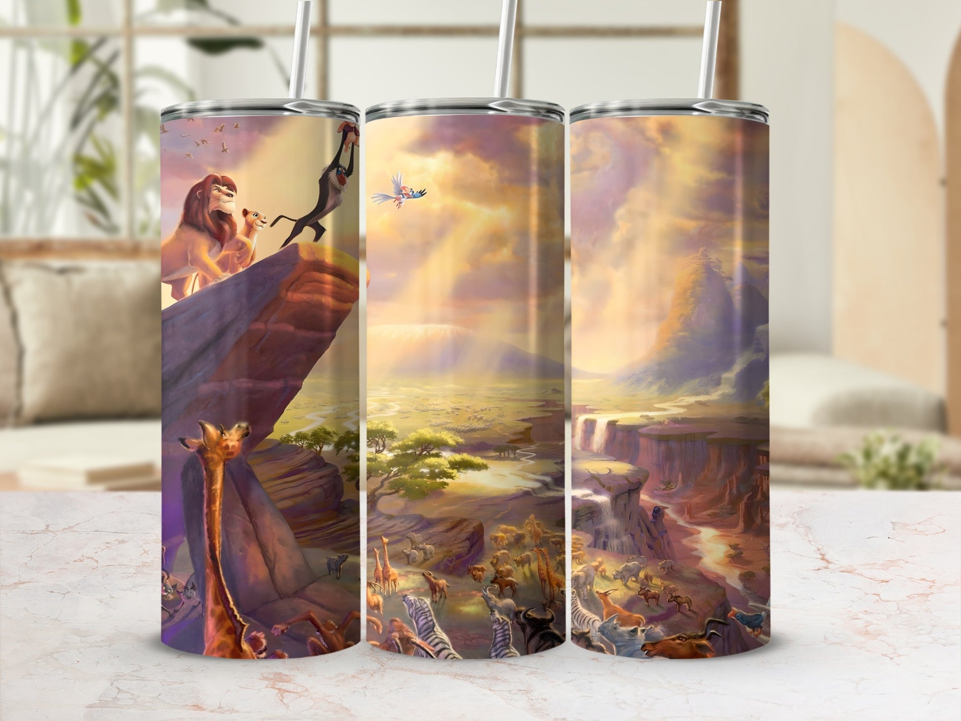 Majestic Lion King Scene Tumbler Cup with Straw