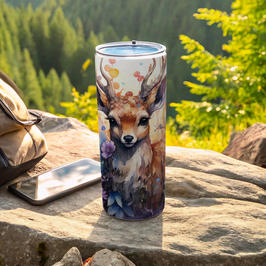 Artistic Watercolor Deer Design Bottle Woodland Creature product type
deer tumbler, watercolor art, woodland deer, forest creature, animal design, wildlife bottle, artistic gift, nature inspired, fawn illustration, cute deer, drinkware art, travel tumbler, outdoor bottle, unique design, brown deer, purple flowers, hydration gear, boho deer, rustic art, adventure bottle