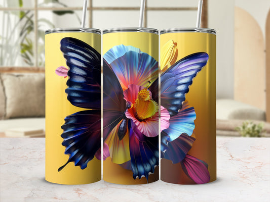 Three tumblers featuring a vibrant, colorful butterfly against a yellow background.