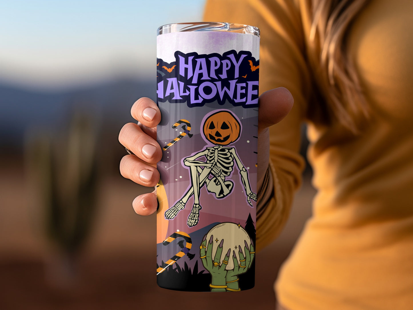 Happy Halloween Skeleton and Pumpkin Design Tumbler