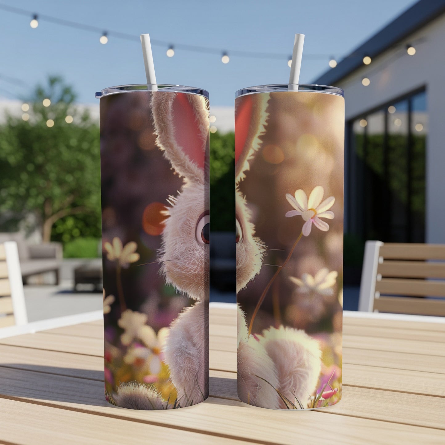 Two tumblers featuring a fluffy bunny peeking through flowers.