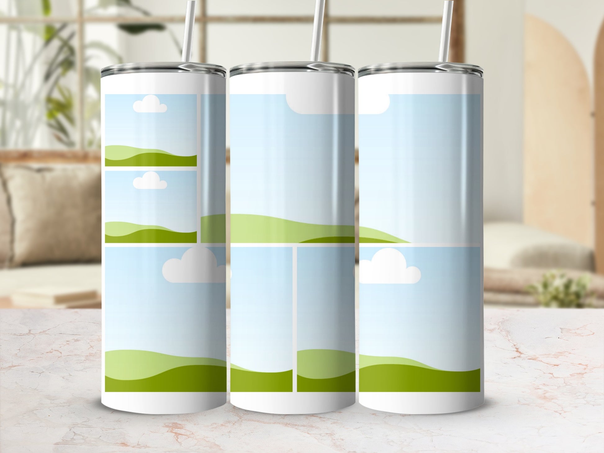 Three tumblers with a sky and rolling green hills design.