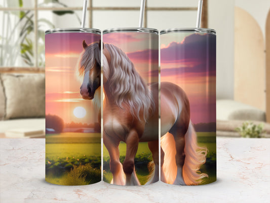 Golden palomino horse at sunset, rendered on three tumblers.